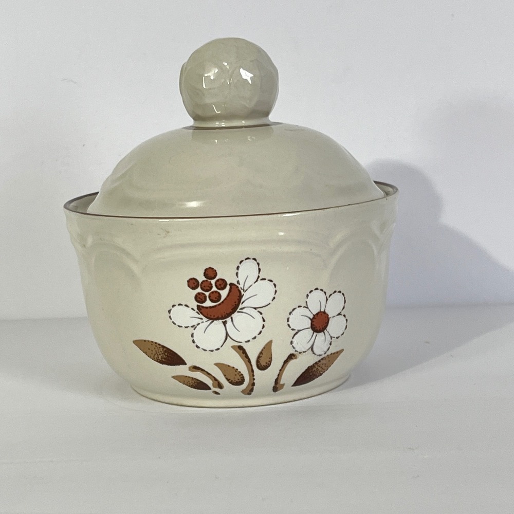 Cumberland‎ Sugar Bowl Mayblossom Vintage Cream Brown Floral Stoneware Lid